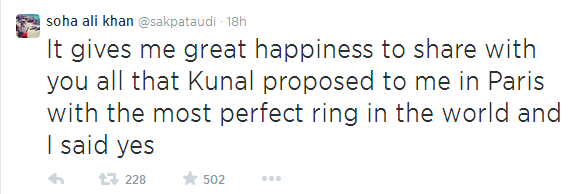 Soha tweets about her engagement with Kunal Khemu