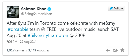 Salman tweets about his excitement for the promotion of Dr.Cabbie in Toronto