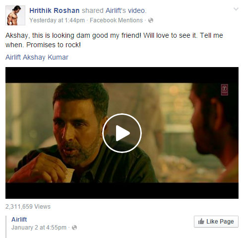 Hrithik Roshan impressed by the trailer of Akshay Kumar's Airlift