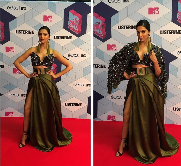Deepika nailed the bralette and high slit look with killer black heels at the MTV EMA 2016