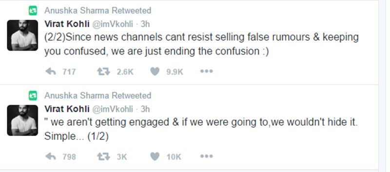 Virat Kohli rubbishes all rumors about engagement with Anushka Sharma- Anushka retweet