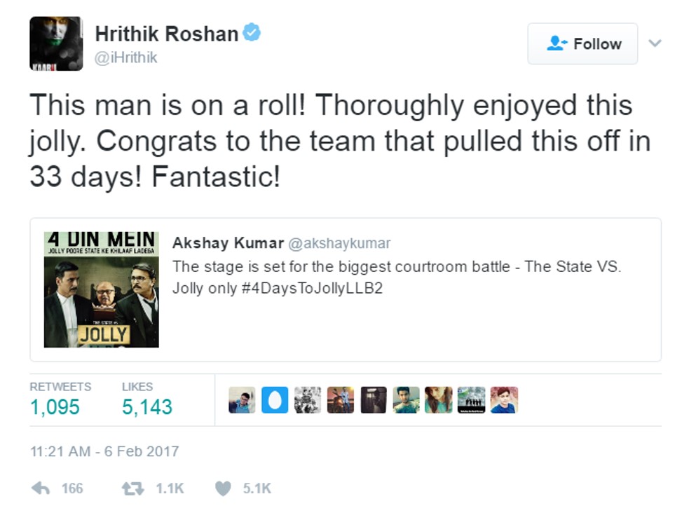 Read What Hrithik Roshan Has To Say About Akshay Kumar's Jolly LLB 2