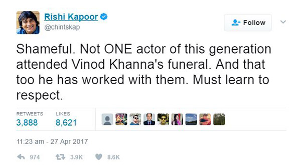 Rishi Kapoor's tweet on newbie actors not attending Vinod Khanna's funeral